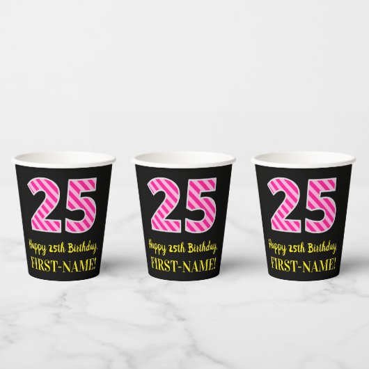 Gobelets En Papier Fun Pink Stripes "25" : Joyeux 25ème anniversaire (Multi)
