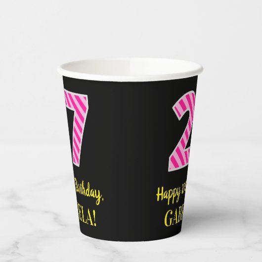 Gobelets En Papier Fun Pink Stripes "27" : Joyeux 27ème anniversaire  (Gauche)