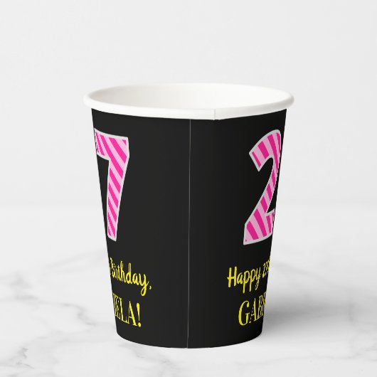 Gobelets En Papier Fun Pink Stripes "27" : Joyeux 27ème anniversaire  (Droite)
