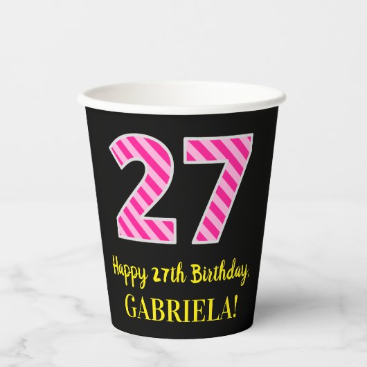 Gobelets En Papier Fun Pink Stripes "27" : Joyeux 27ème anniversaire  (Recto)