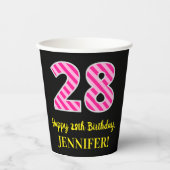 Gobelets En Papier Fun Pink Stripes "28" : Joyeux 28ème anniversaire  (Recto)