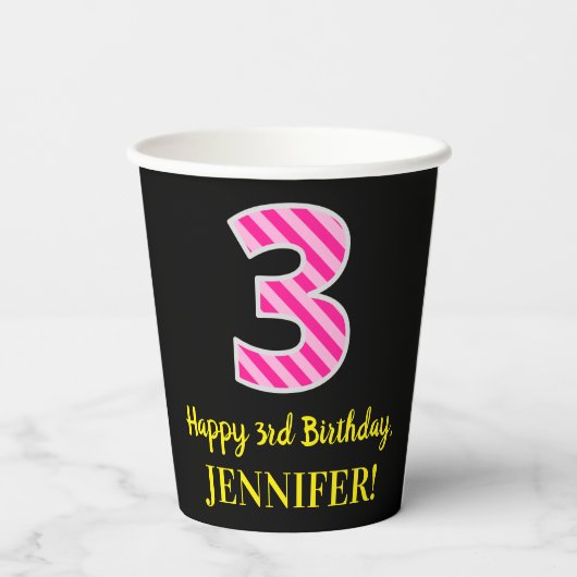 Gobelets En Papier Fun Pink Stripes "3" : Joyeux 3ème anniversaire +  (Verso)