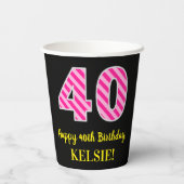 Gobelets En Papier Fun Pink Stripes "40" : Joyeux 40e anniversaire +  (Verso)