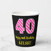 Gobelets En Papier Fun Pink Stripes "40" : Joyeux 40e anniversaire +  (Recto)