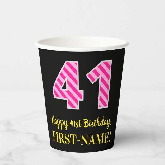 Gobelets En Papier Fun Pink Stripes "41" : Joyeux 41ème Anniversaire (Recto)