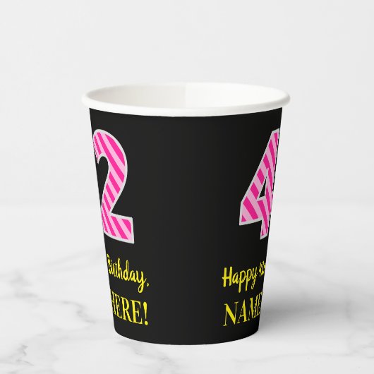 Gobelets En Papier Fun Pink Stripes "42" : Joyeux 42ème anniversaire  (Gauche)
