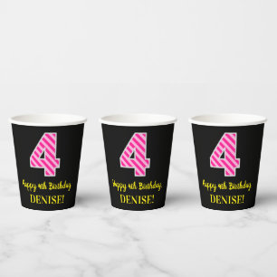 Gobelets En Papier Fun Pink Stripes "4" : Joyeux 4ème anniversaire + 