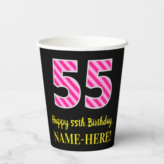 Gobelets En Papier Fun Pink Stripes "55" : Joyeux 55ème anniversaire (Verso)