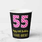 Gobelets En Papier Fun Pink Stripes "55" : Joyeux 55ème anniversaire (Recto)