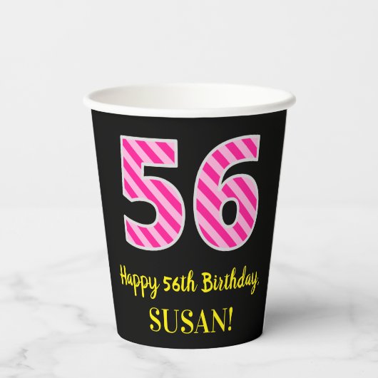 Gobelets En Papier Fun Pink Stripes "56" : Joyeux 56ème anniversaire (Verso)