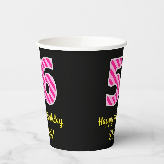 Gobelets En Papier Fun Pink Stripes "56" : Joyeux 56ème anniversaire (Gauche)