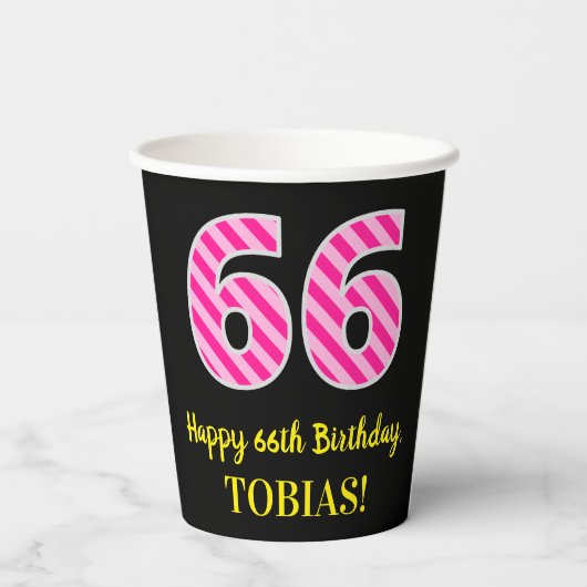 Gobelets En Papier Fun Pink Stripes "66" : Joyeux 66ème anniversaire  (Verso)
