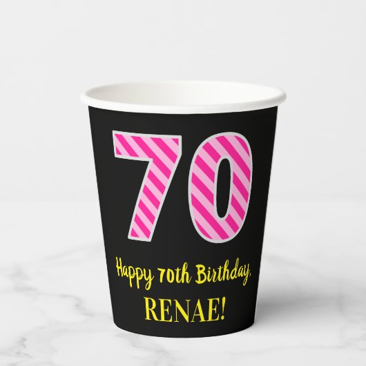 Gobelets En Papier Fun Pink Stripes "70" : Joyeux 70ème anniversaire  (Verso)
