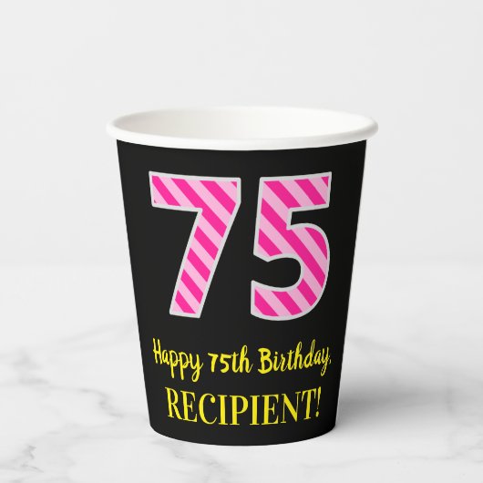 Gobelets En Papier Fun Pink Stripes "75" : Joyeux 75ème anniversaire  (Verso)