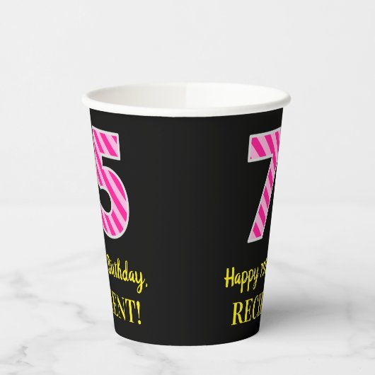 Gobelets En Papier Fun Pink Stripes "75" : Joyeux 75ème anniversaire (Gauche)