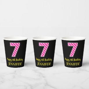 Gobelets En Papier Fun Pink Stripes "7" : Joyeux 7ème anniversaire +