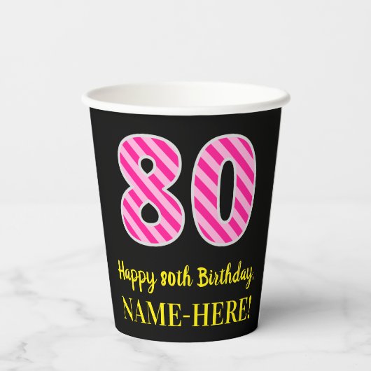 Gobelets En Papier Fun Pink Stripes "80" : Joyeux 80ème anniversaire  (Verso)