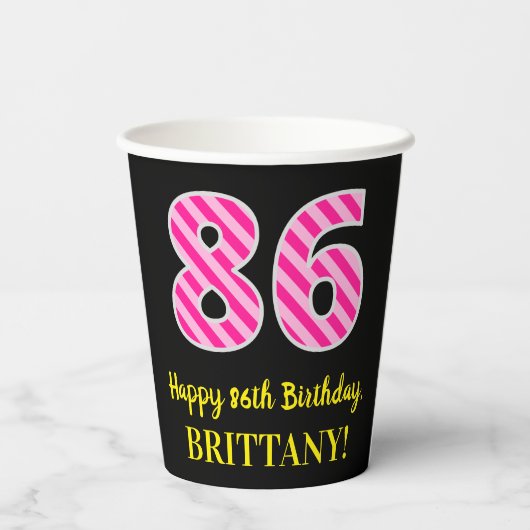 Gobelets En Papier Fun Pink Stripes "86" : Joyeux 86ème anniversaire  (Verso)