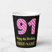 Gobelets En Papier Fun Pink Stripes "91" : Joyeux 91ème Anniversaire  (Verso)