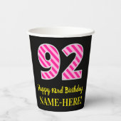 Gobelets En Papier Fun Pink Stripes "92" : Joyeux 92ème anniversaire  (Verso)