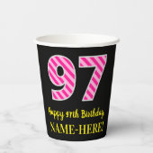 Gobelets En Papier Fun Pink Stripes "97" : Joyeux 97ème anniversaire  (Verso)