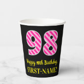 Gobelets En Papier Fun Pink Stripes "98" : Joyeux 98ème anniversaire  (Verso)