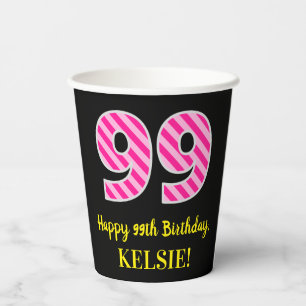 Gobelets En Papier Fun Pink Stripes "99" : Joyeux 99ème anniversaire
