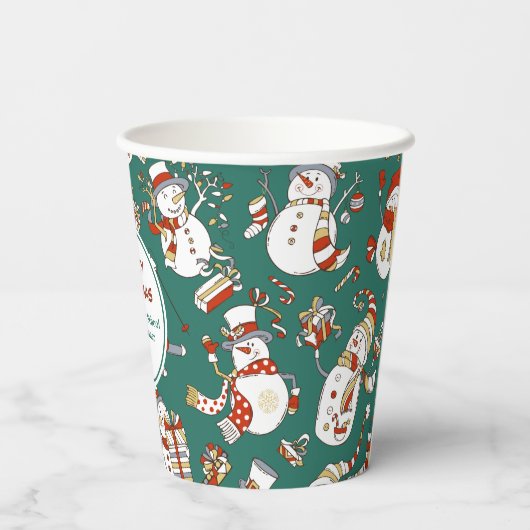 Gobelets En Papier Funny Snowmen Motif de vacances sur Turquoise (Verso)