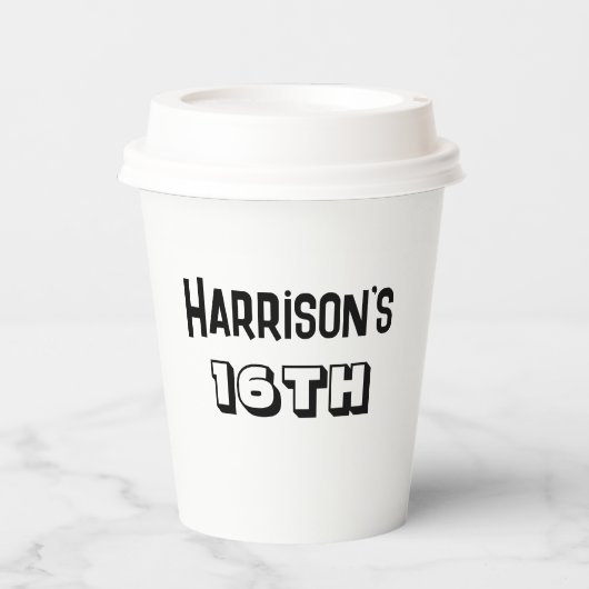 Gobelets En Papier Garçons 16e anniversaire Bash Noir et blanc Nom (Recto)