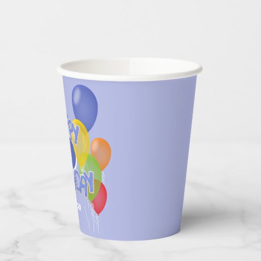 Gobelets En Papier gâteau d'anniversaire bleu heureux avec ballons (Gauche)