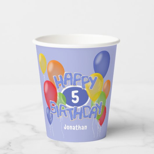 Gobelets En Papier gâteau d'anniversaire bleu heureux avec ballons (Recto)