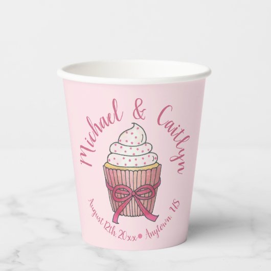 Gobelets En Papier Gâteau rose avec arc en paillettes Mariage Shower (Recto)