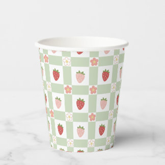 Gobelets En Papier Gingham Pastel Vert Fraise Jetable