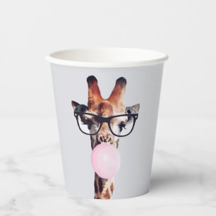 Gobelets En Papier Girafe portant des lunettes soufflant un bubble gu