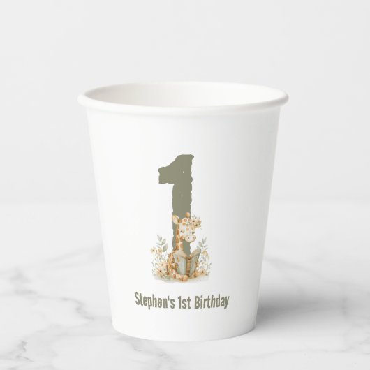 Gobelets En Papier Girafe Vert mignonne 1ère fête d'anniversaire (Recto)