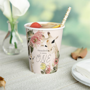 Gobelets En Papier Giraffe Rose Floral Girl 1er anniversaire