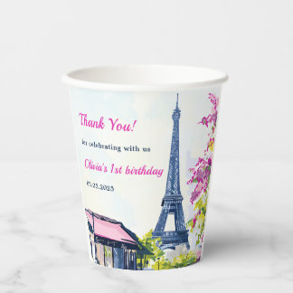 Gobelets En Papier Girl Eiffel Tower Paris 1er Anniversaire Tasses à