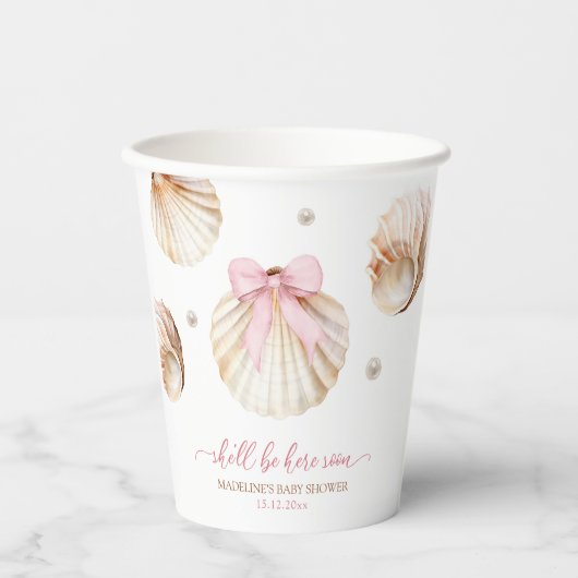 Gobelets En Papier Girl Pink Bow Shell Baby Shower Paper Cups (Recto)