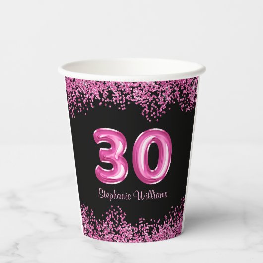 Gobelets En Papier Glam Black Pink Foil 30e fête d'anniversaire (Verso)