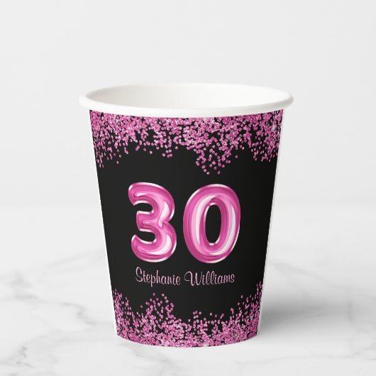 Gobelets En Papier Glam Black Pink Foil 30e fête d'anniversaire (Recto)