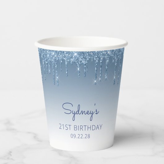 Gobelets En Papier Glam Blue Parties scintillant Drip 21e fête d'anni (Recto)