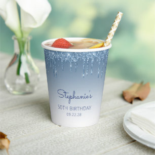 Gobelets En Papier Glam Blue Parties scintillant Drip 50th Birthday P