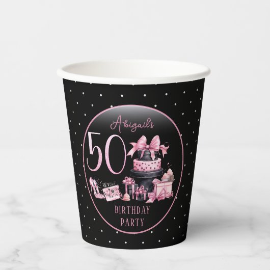 Gobelets En Papier Glam Pink Black Fashion 50e fête d'anniversaire (Recto)