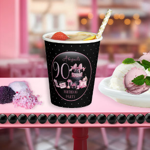 Gobelets En Papier Glam Pink Black Fashion 90th Birthday Party