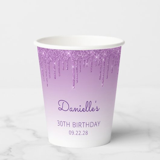 Gobelets En Papier Glam Purple Parties scintillant Drip 30th Birthday (Recto)