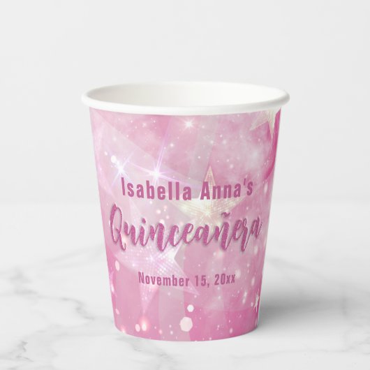Gobelets En Papier Glam rose moderne étincelant Starry Quinceañera (Verso)