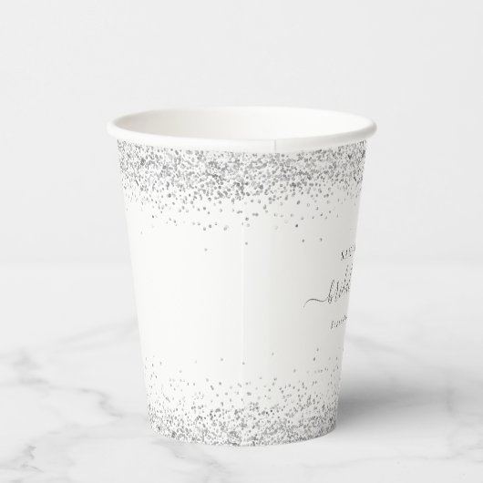 Gobelets En Papier Glam Silver Nom de la Parties scintillant Date Fêt (Droite)