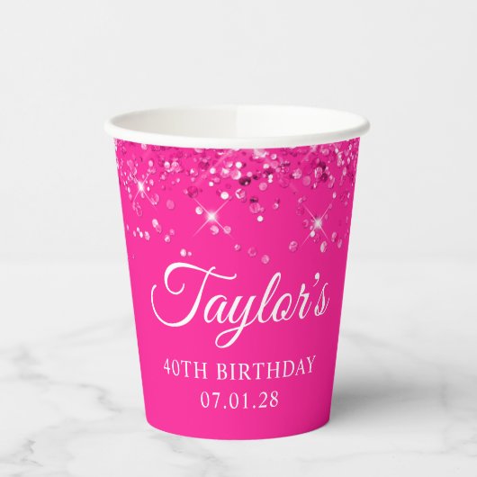Gobelets En Papier Glittery Hot Pink 40e anniversaire (Gauche)