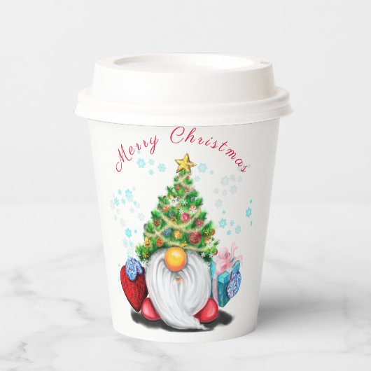 Gobelets En Papier Gnome mignonne avec arbre de Noël Casquette et cad (Recto)
