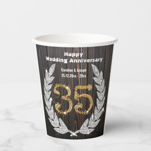 Gobelets En Papier Gold 35e anniversaire Mariage, Diamond Laurel Pape (Recto)
